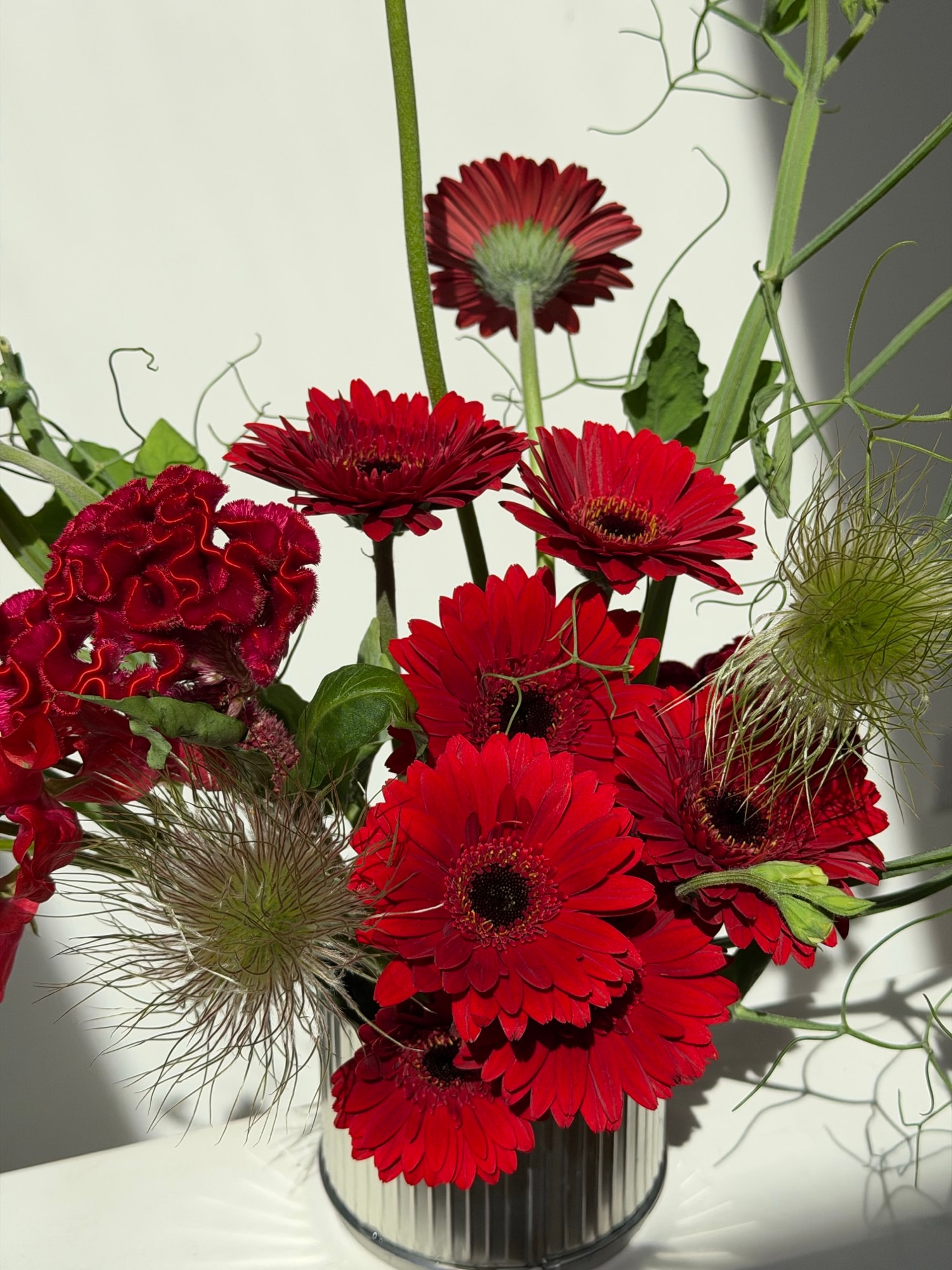 Overhead flat lay of red gerberas, crimson cockscomb, and wispy seed heads in a ribbed silver vase