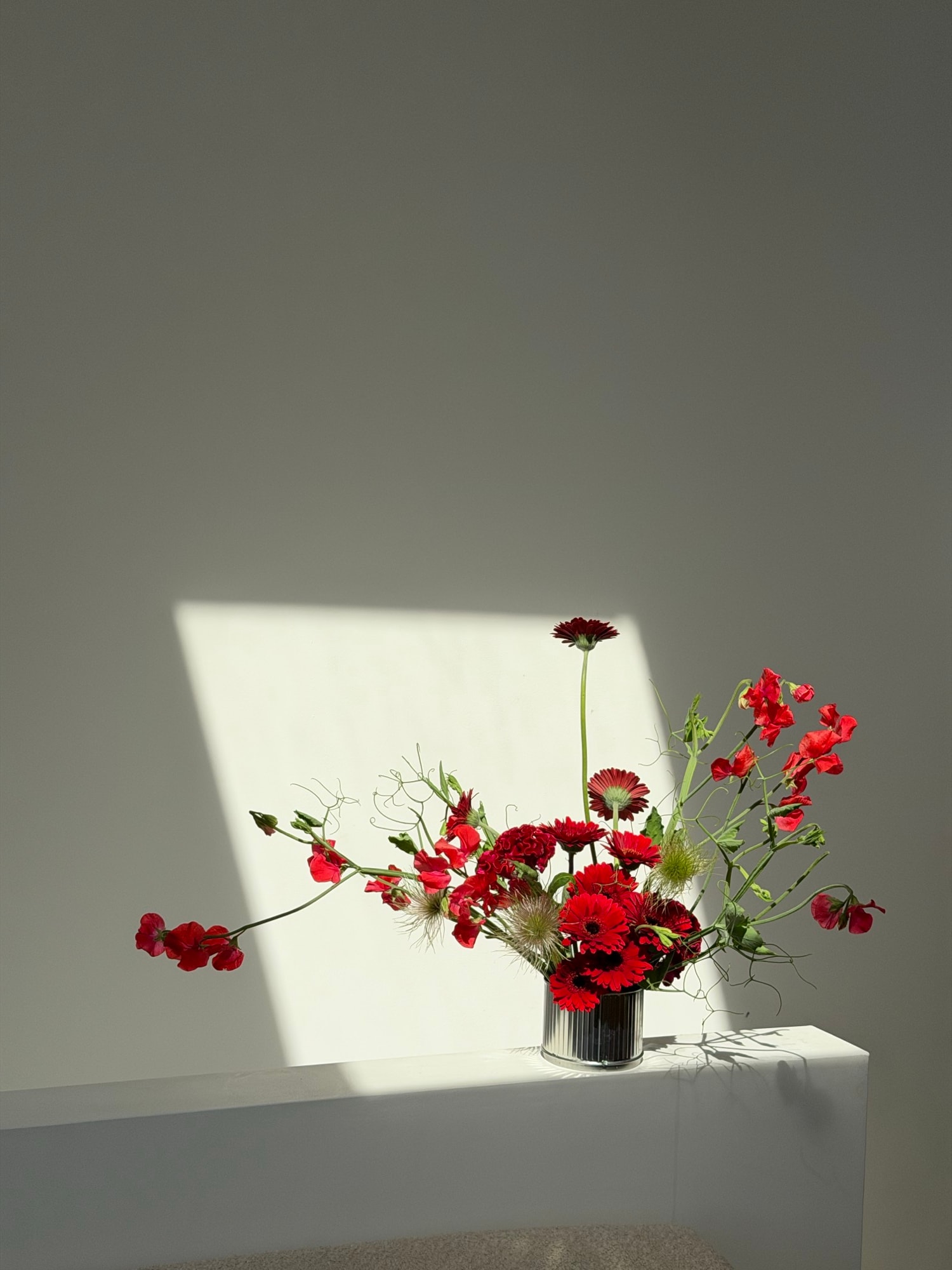 Red gerberas and trailing blooms in a reflective silver vase on a white pillar with a sharp light beam