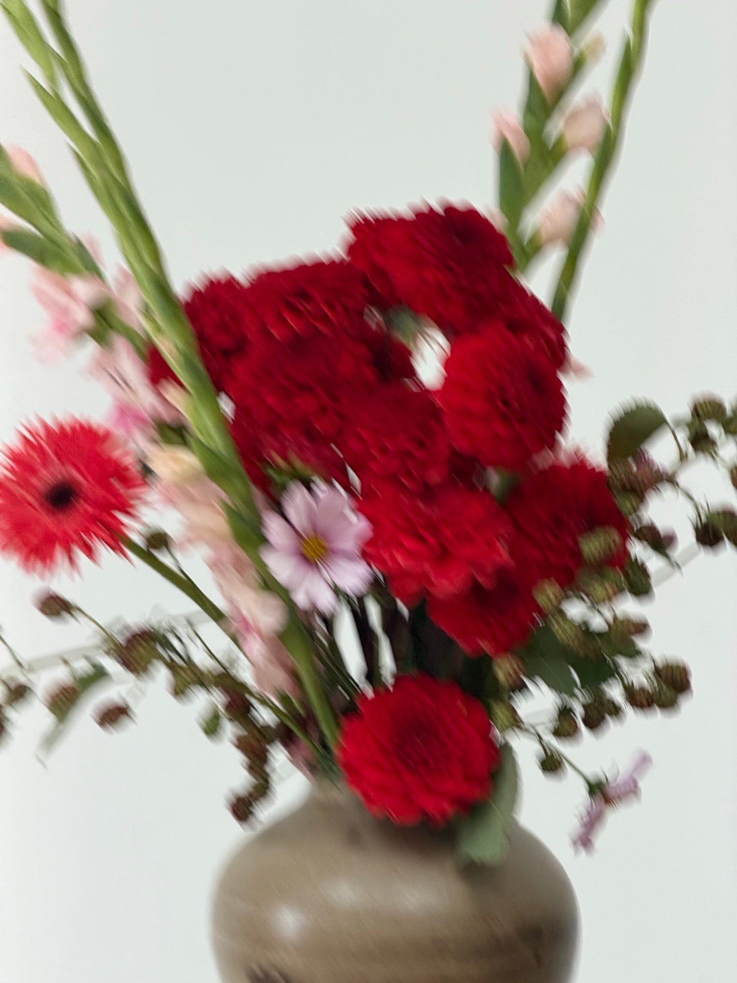 Motion-blurred red and pink floral arrangement streaking diagonally in a ceramic vase