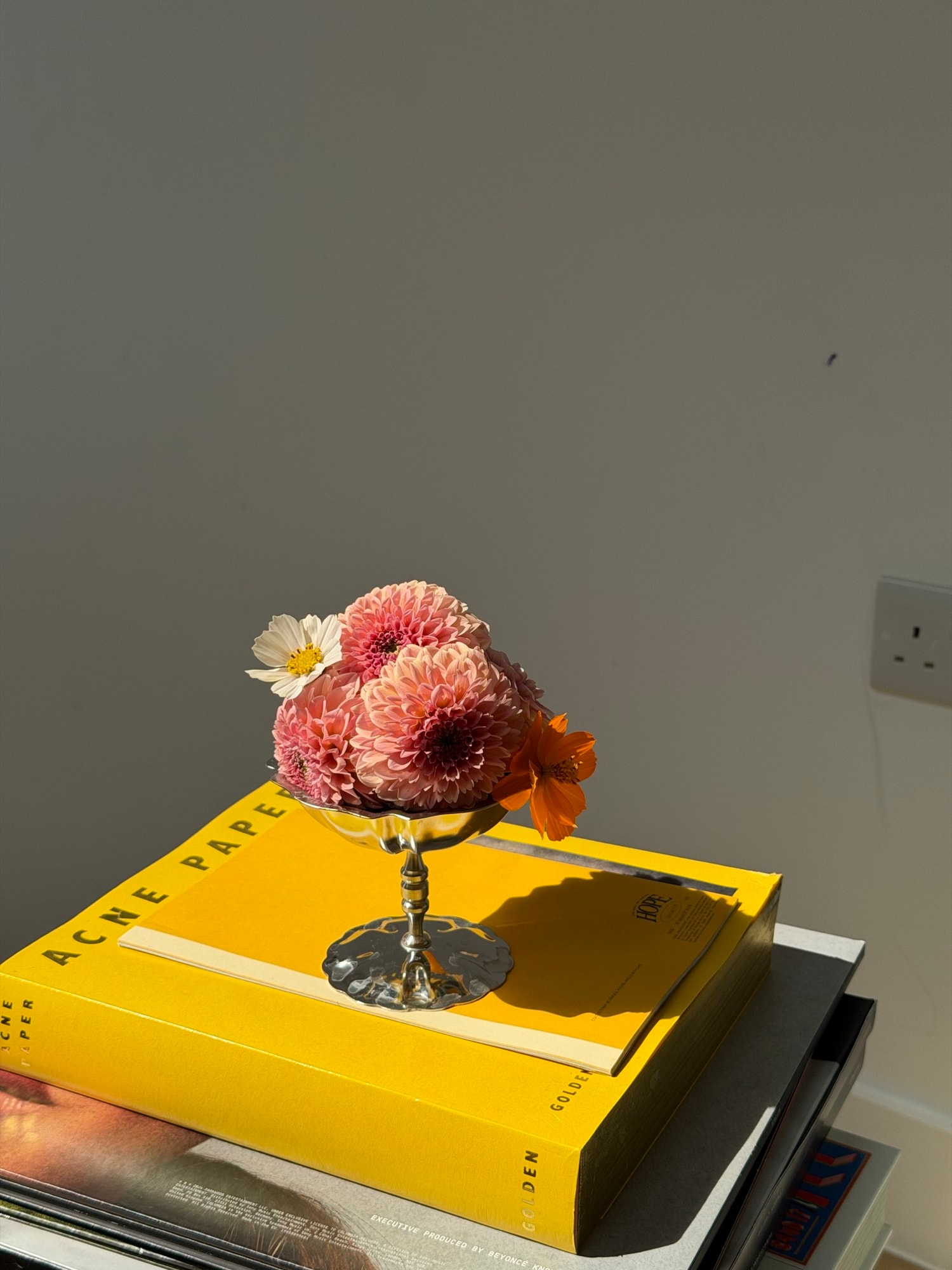 Silver chalice of pink dahlias on Acne Paper books against grey wall